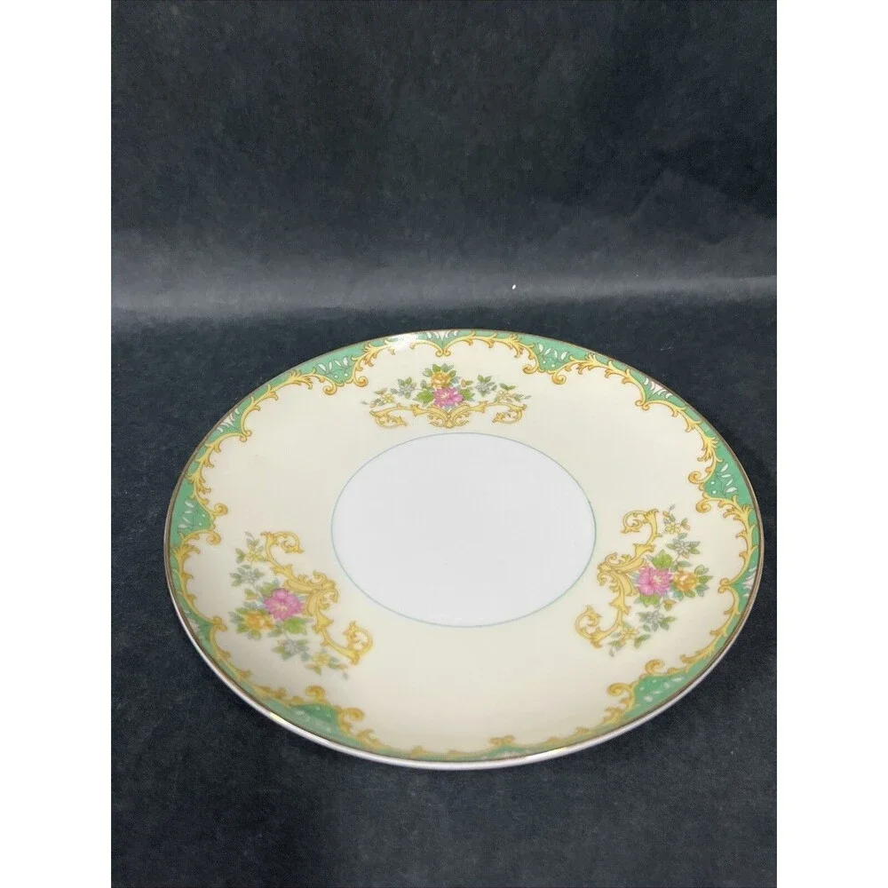 1930s Noritake Tiffany M‎ Bread Dessert Plate 6.75” Gold Trim Ivory Aqua Beige